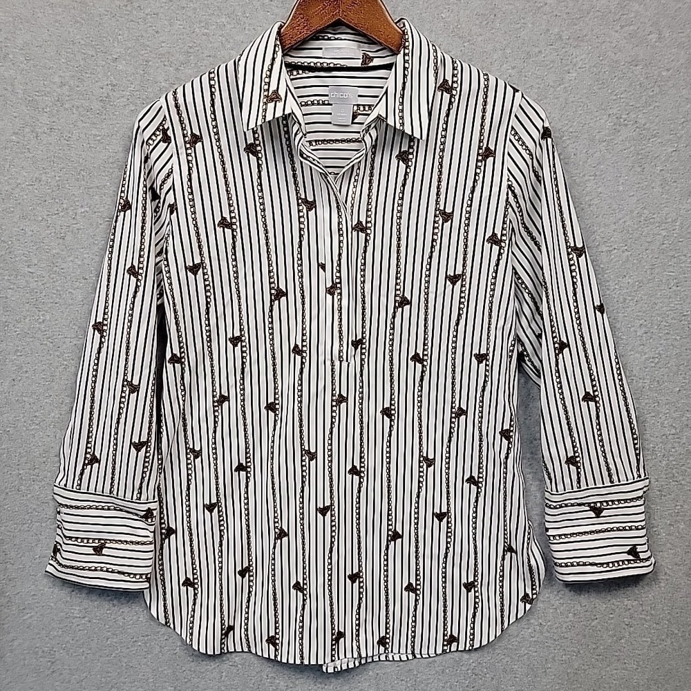 Chico's Shirt Top White Chain Print Long Sleeve No Iron Button Popover Sz 0 US 4